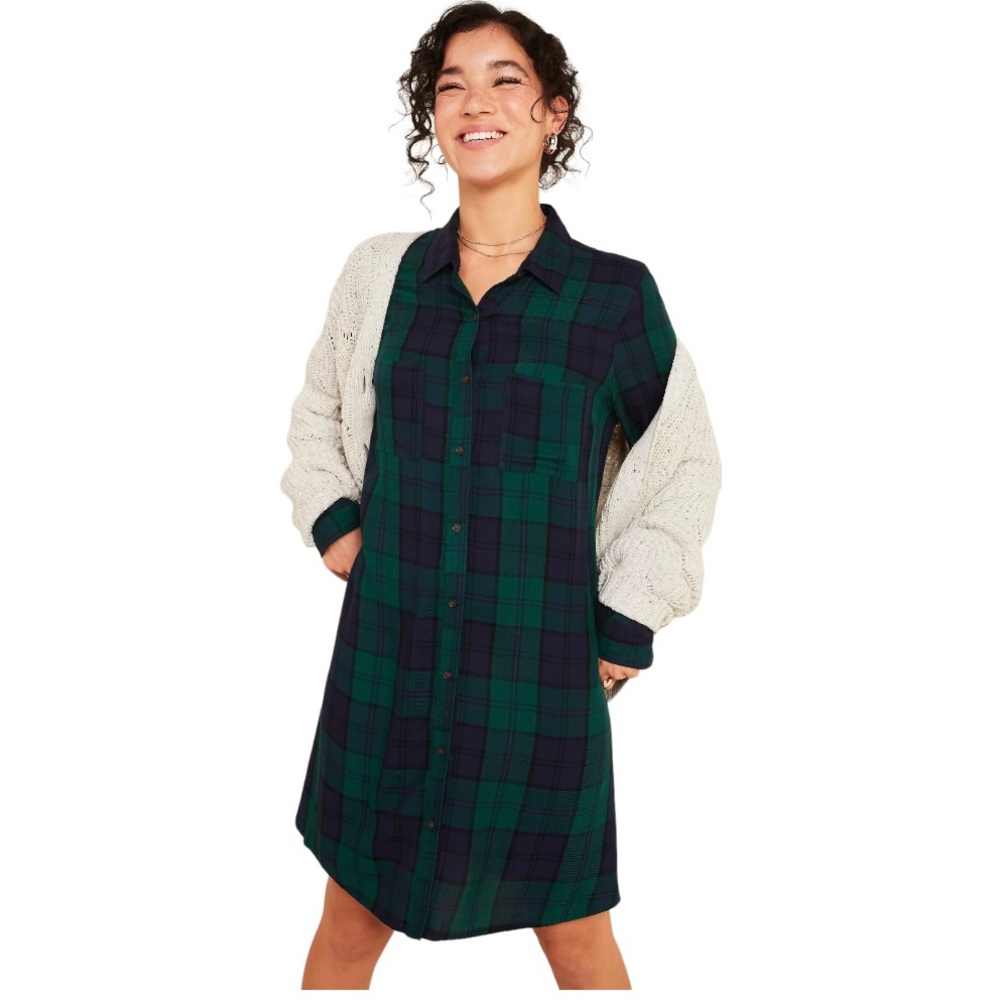 OLD NAVY Preppy Academia Y2K Green Plaid Button Down Long Sleeve Shirt Dress M